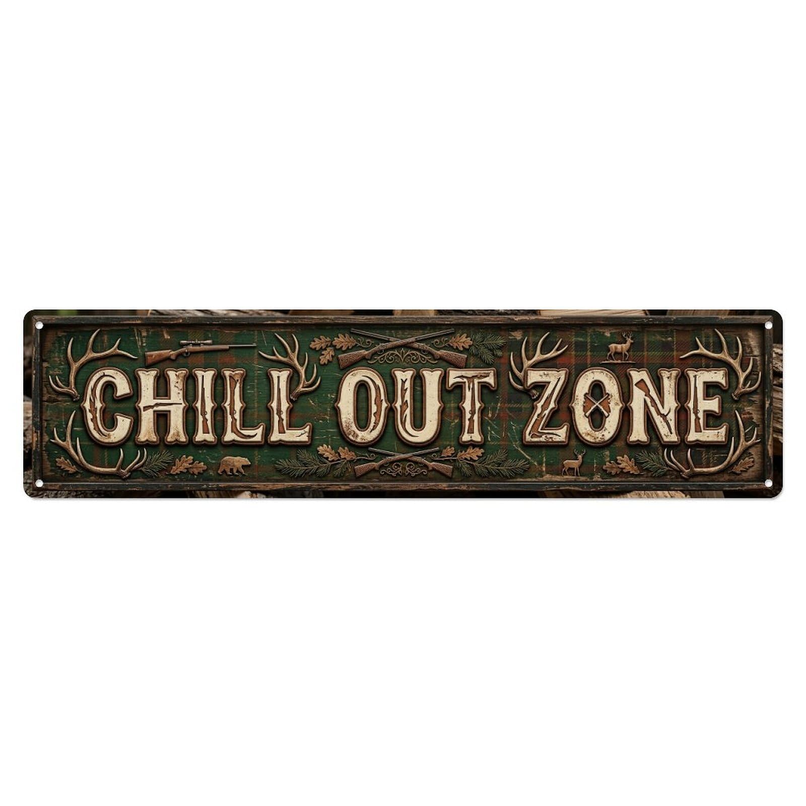 Chill Out Zone Worn Lodge Metal Tin Skinny Sign Plaque Wall Decor for Cafe, Club Bar, Office, Home Garden Metal Poster 4x16Inch