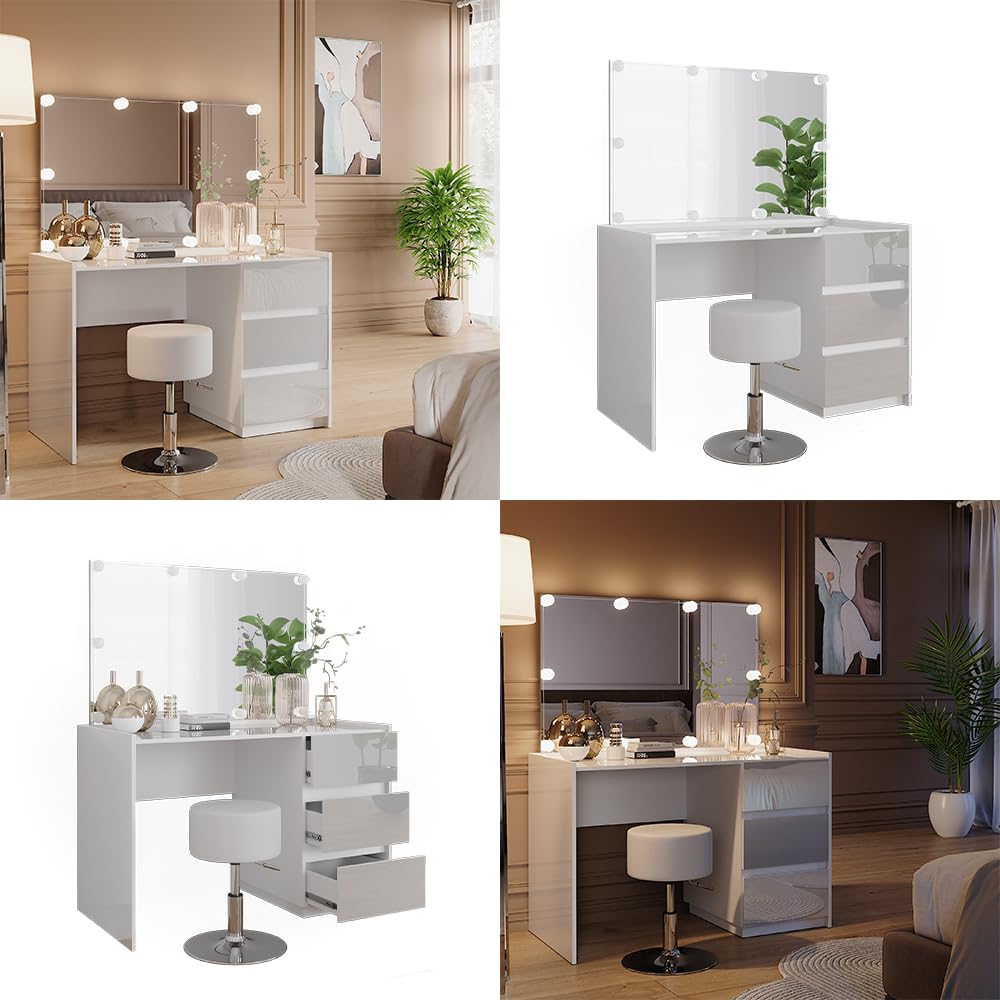 Vicco Schminktisch Marla, Weiß Hochglanz, 120 cm | mit Spiegel, Hocker, LED-Lichterkette, Große Tischfläche für Make-up, Schmuck und Styling-Utensilien