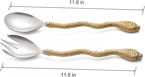 Miniatura 4 de Servidores de ensalada de serpiente dorada de latón y acero inoxidable, juego de tenedor y cuchara, diseño de serpiente, dos tonos ideales para