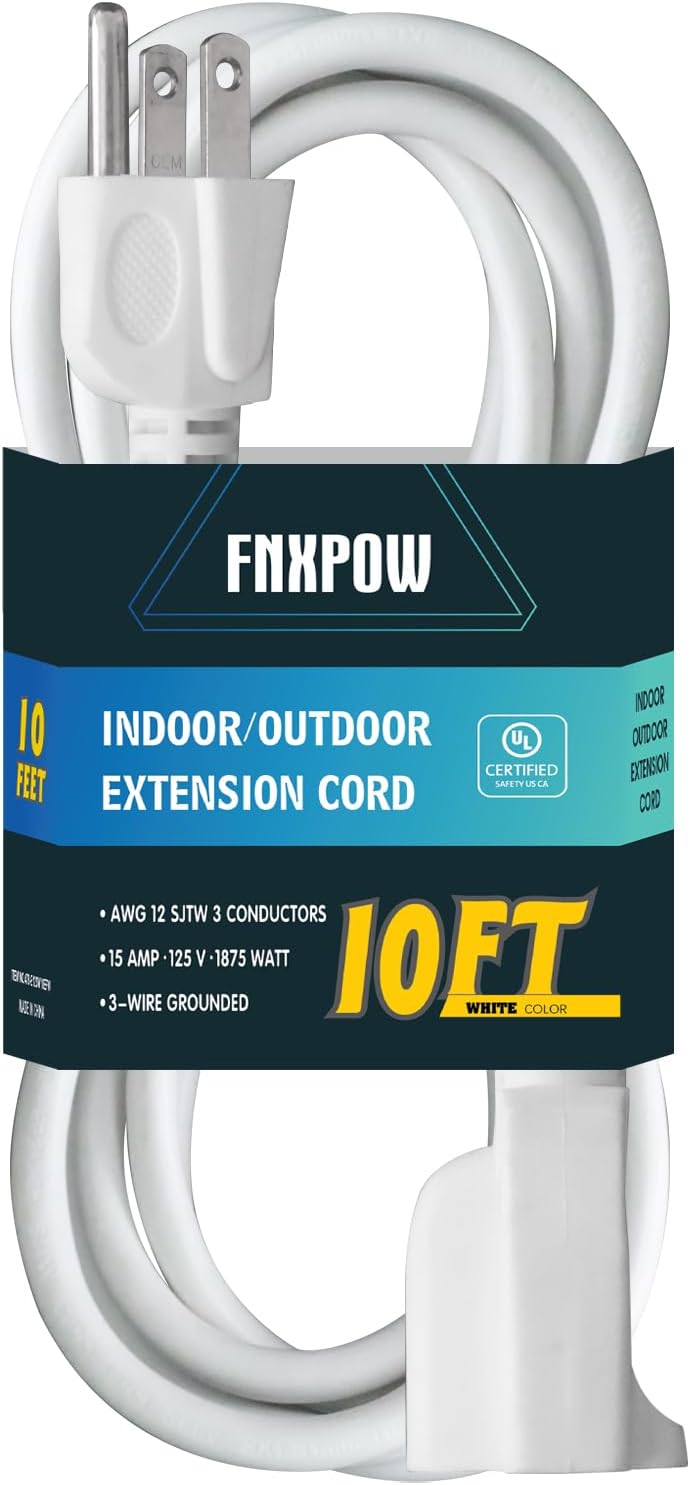 12 Gauge Outdoor Extension Cord 8FT - Heavy Duty 3 Prong Weatherproof White Cable