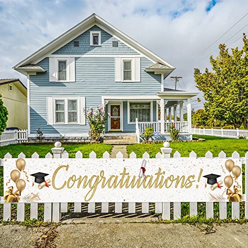 Probsin Large Graduation Banner 120"X20" Graduation Party Decorations 2023 Backdrop Congrats Grad Party Supplies Yard Sign Double Printed Gold White Hanging Background For Outdoor Indoor Garden Lawn #TOP5