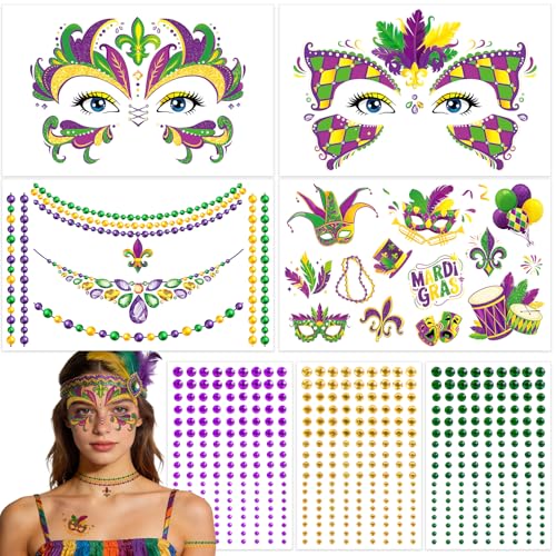 DPKOW 7Pcs Mardi Gras Accessories for Women Mardi Gras Face Tattoos Beads Necklace Temporary Tattoos with Purple Yellow Green Faces Gems Carnival Masquerade Party Favors Rave Accessories Outfit