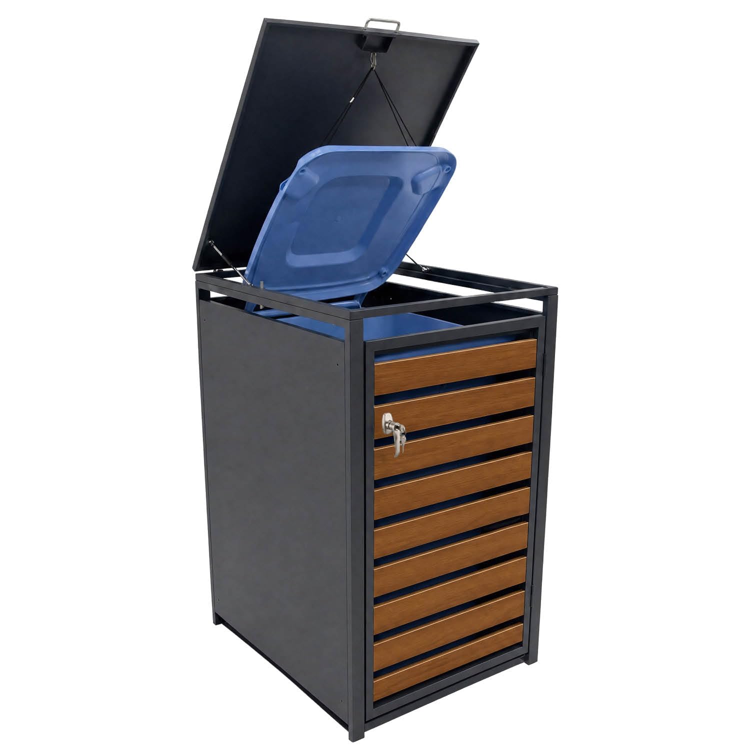 LagerZwei Mülltonnenbox 240 L I Wetterfeste, abschließbare Mülltonnenverkleidung I Müllbox aus Stahl, pulverbeschichtet I Automatikdeckel mit Gasdruck I Holz, 116 x 80 x 68 cm