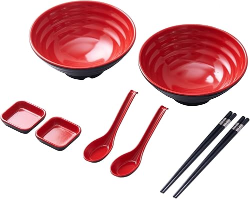 Baggio Juego de 2 cuencos de melamina ramen incluye cuencos de ramen con palillos cucharas y plato de salsa cuenco de sopa de ramen japonés rojo