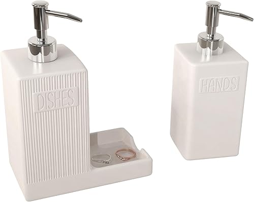 Miniatura 7 de Dispensador de jabón con bandeja, paquete de 2 dispensadores de jabón de cerámica para platos y manos con embudo, almohadillas de silicona