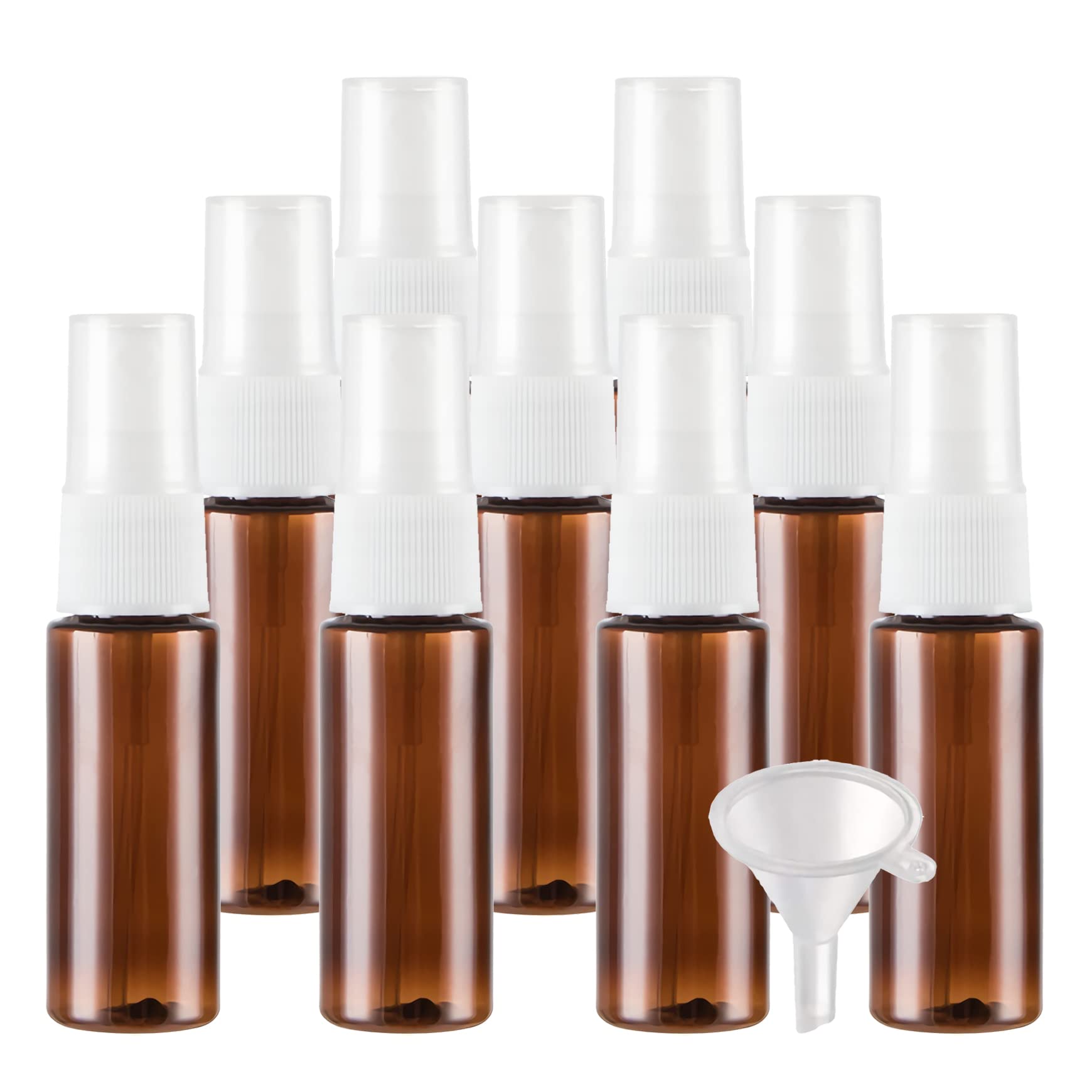 TIANZD 100 Stück Klein Leere Braun 20 ml Kunststoff Sprühflasche mit Weiß Zerstäuber Flasche, 20ml Feinen Nebel Pumpzerstäuber Parfümzerstäuber Zerstäuberflasche Reise Flakons, 4x Trichter