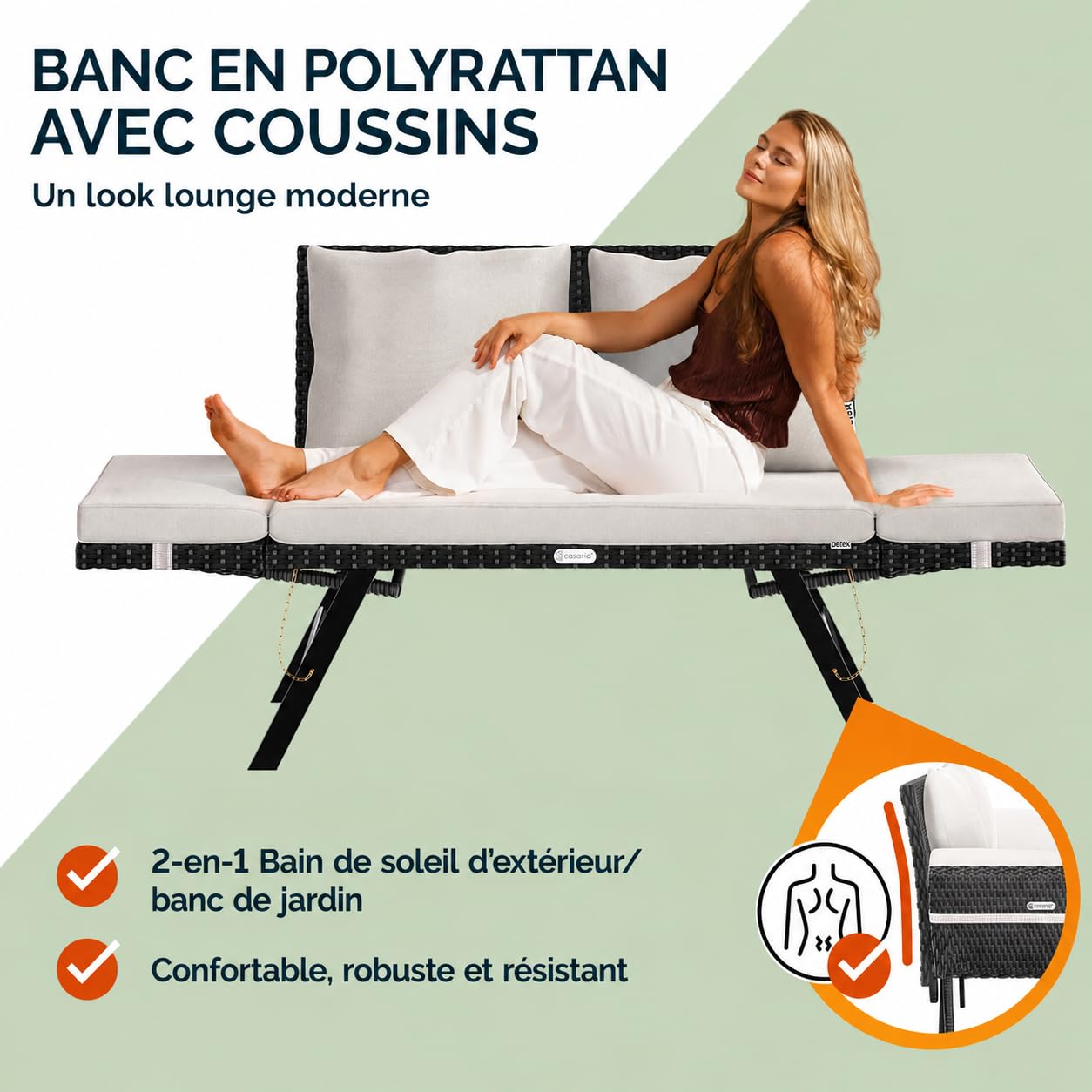 Casaria® Banc de Jardin Noir/Blanc polyrotin Fonction Chaise Longue réglables Extérieur Jardin Terrasse Balcon Canapé