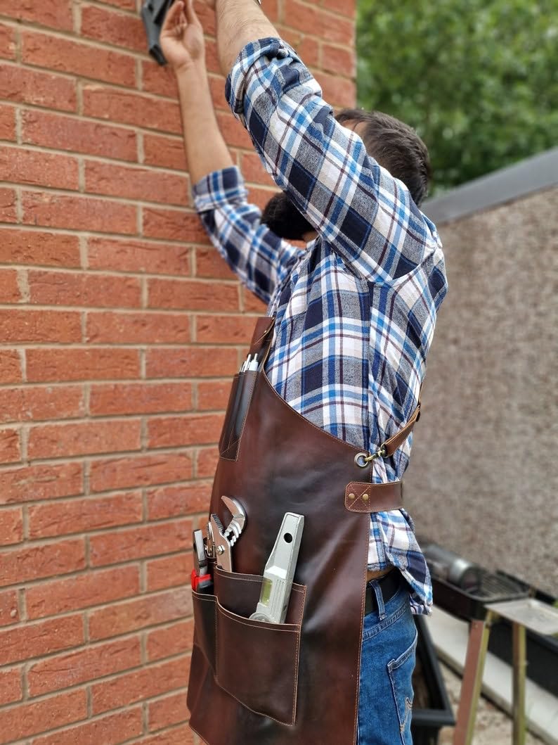 Leather Tool Working 12 Pocket Tool Apron | Unisex Leather Cross Body Back Straps Adjustable | Woodworking | Gardening Apron