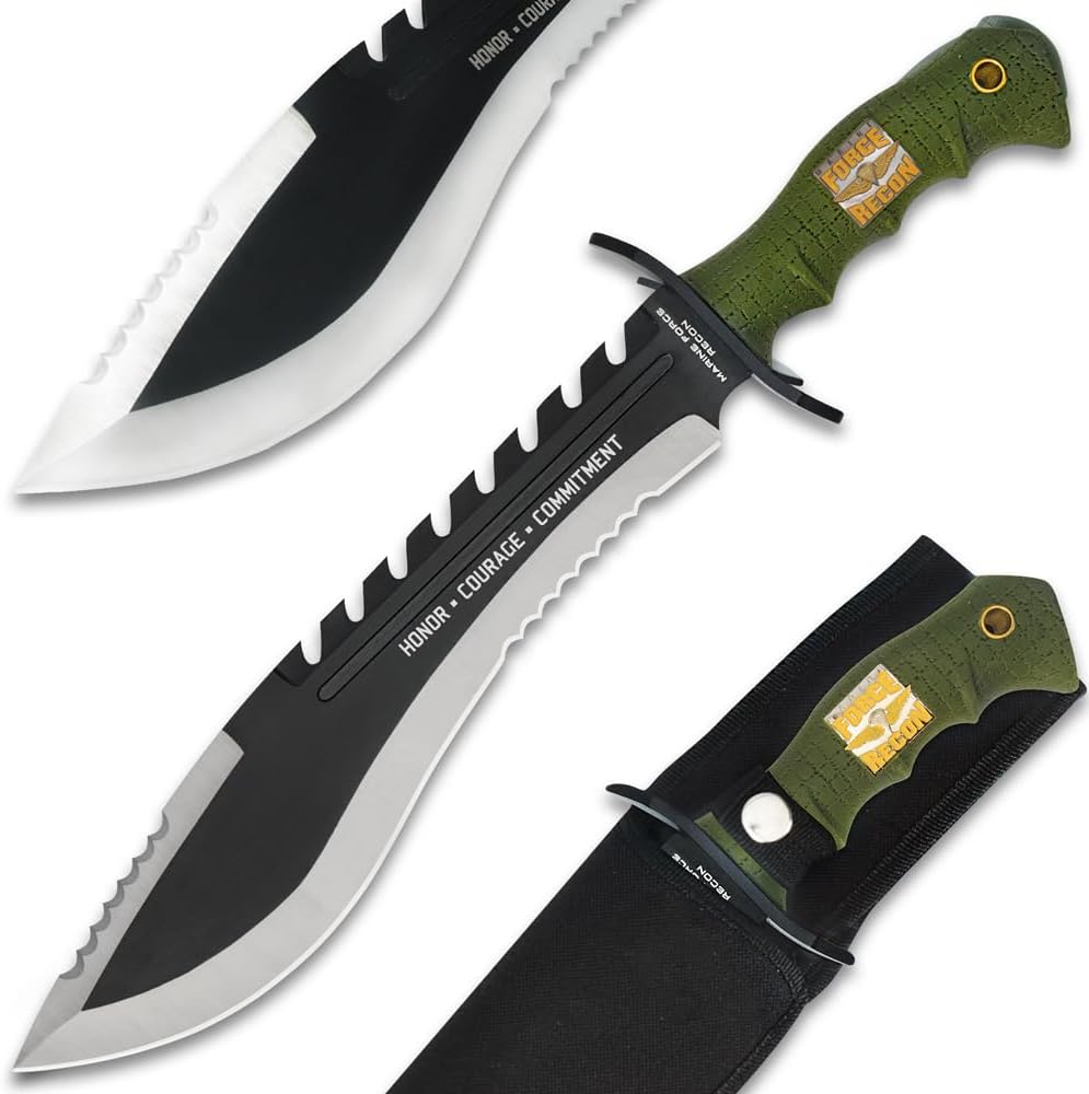 USMC Marine Kukri with Sheath | 11 1/2" Stainless Steel Blade | Rubberized Handle with "Marine Force Recon" Medallion | Oversized Metal Guard | Includes Nylon Belt Sheath | 16 1/2" Overall Length