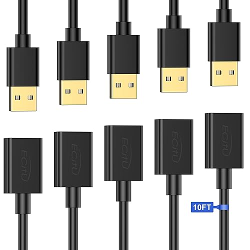 Cable extensor USB de 10 pies (paquete de 10), cable de extensión USB 2.0, USB A macho a hembra, compatible con unidad flash USB, disco duro, lector