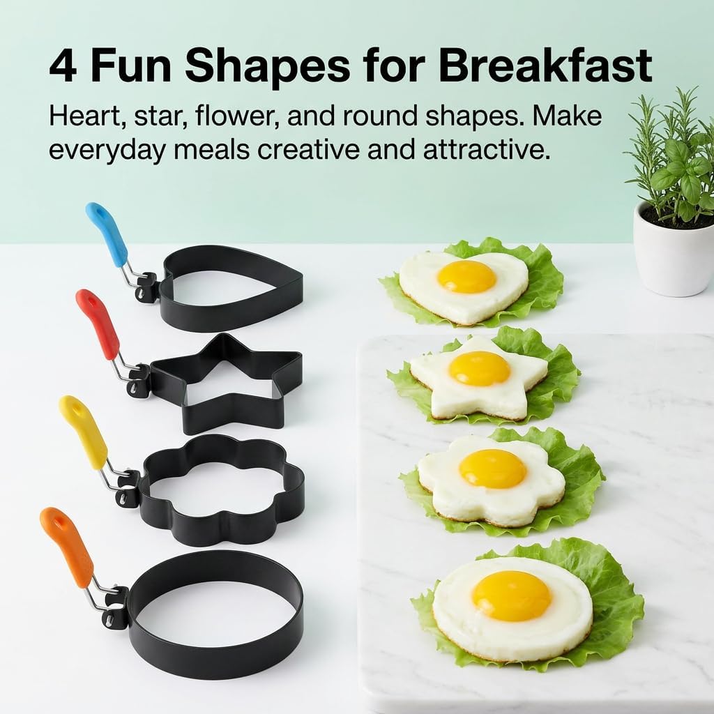 Heart Egg Rings 4 Pcs, Stainless Steel Egg Molds with Heat-Resistant Handle