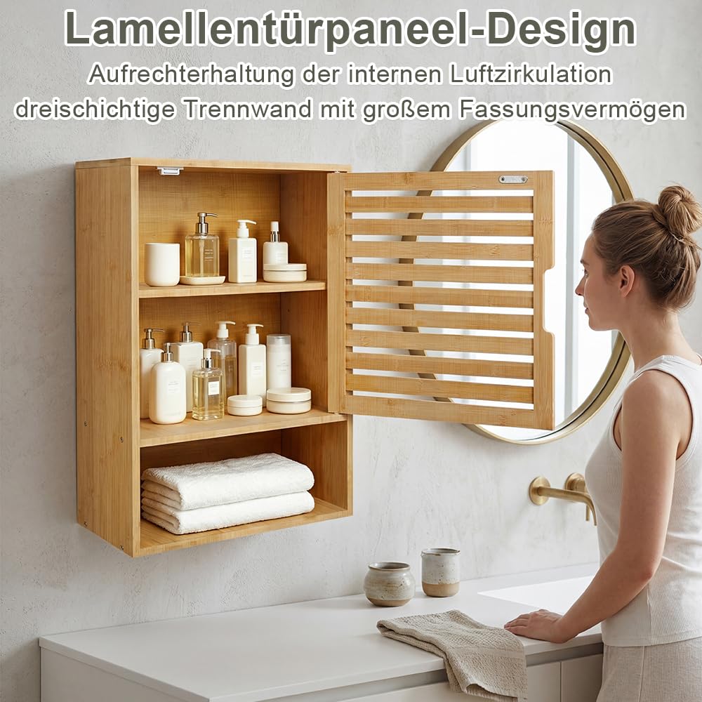 Armadietto sospeso da bagno, in bambù, con porta di ventilazione e 3 ripiani, mensola da parete per cucina e WC, salvaspazio e resistente all'umidità, 60 x 40 x 20 cm (colore legno)
