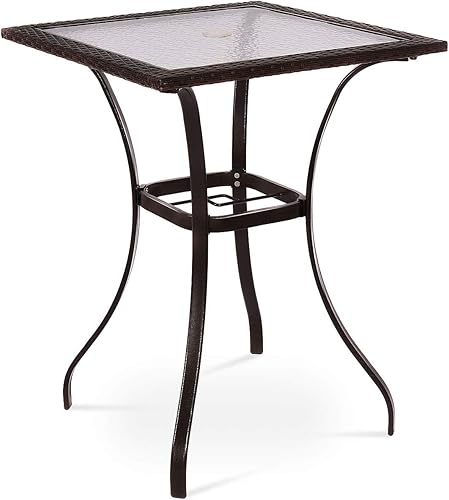 Tangkula Mesa de bar para patio con agujero para sombrilla para todo tipo de clima 37 pulgadas de altura mesa cuadrada de cristal para exteriores