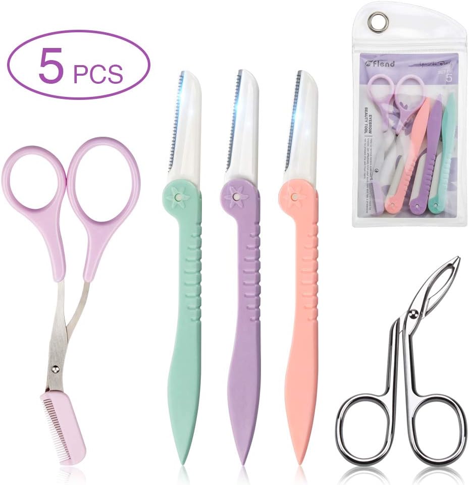 Eyebrow Razor 3 PCS, Eyebrow Comb Scissor & Tweezers Set for Eyebrow Grooming Foldable Trimmer Kit (5 Count in 1 Pack)