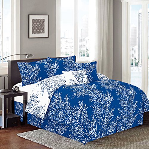 Qutain Home linen Nature 6 Piece Reversible Printed Royal Blue Branchhes Comforter set - King Size