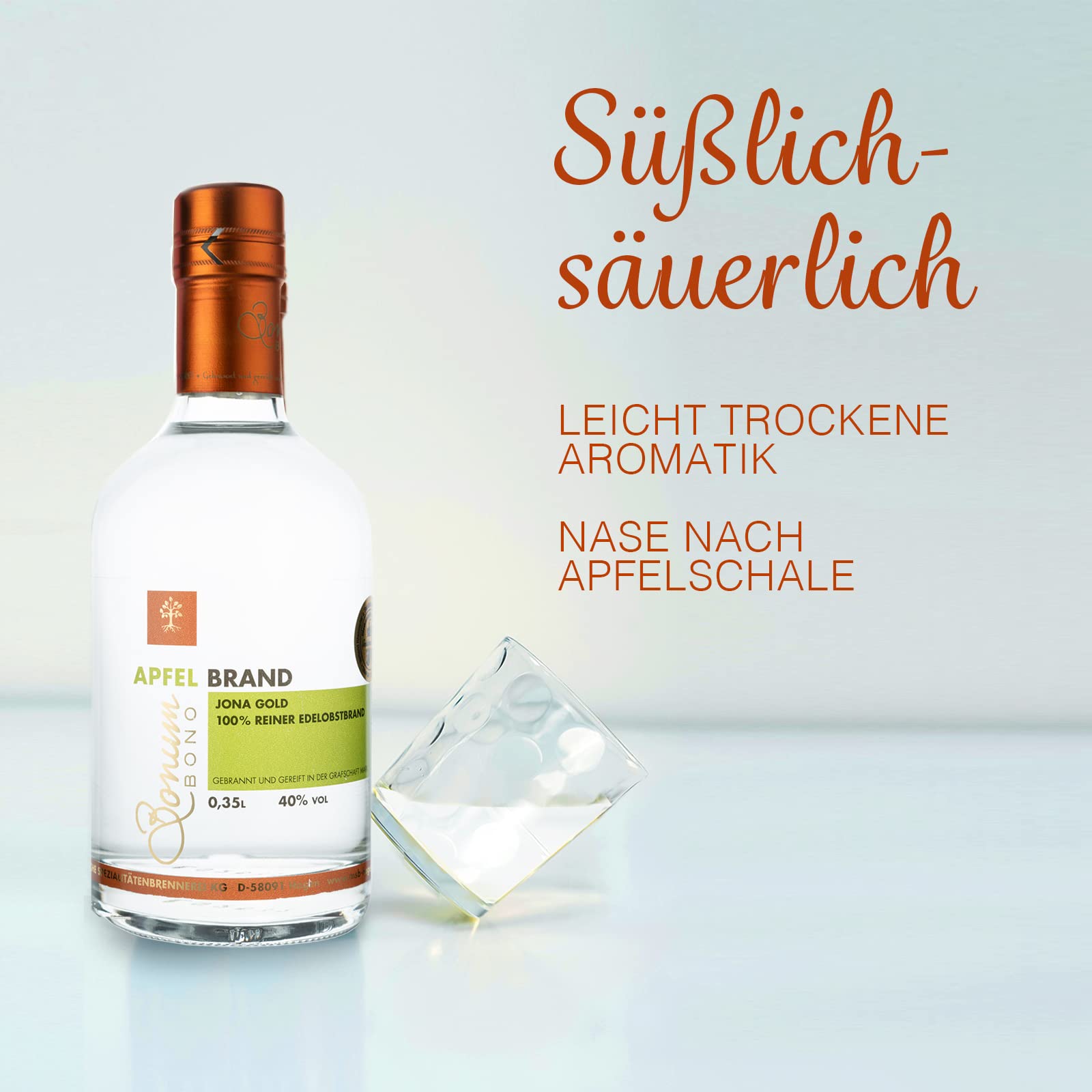 BONUM BONO Apfelbrand Jona Gold 1 x 0,35L | 40% vol. Alkohol | 100% reiner Edelobstbrand | süß-säucherliches Aroma von Äpfeln | deutscher Apfel Obstbrand | hochwertiger Edelbrand | Obstbrand Apfel