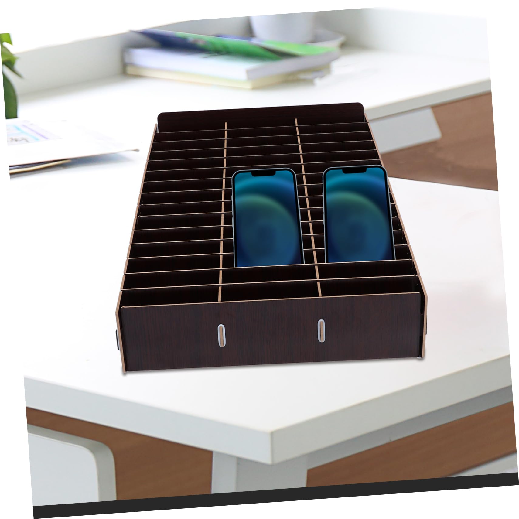 Organizador de caja de almacenamiento para teléfono móvil para sala de reuniones, fundas de teléfono y soporte de mesa para teléfono celular con sección de organización de escritorio, organizador de