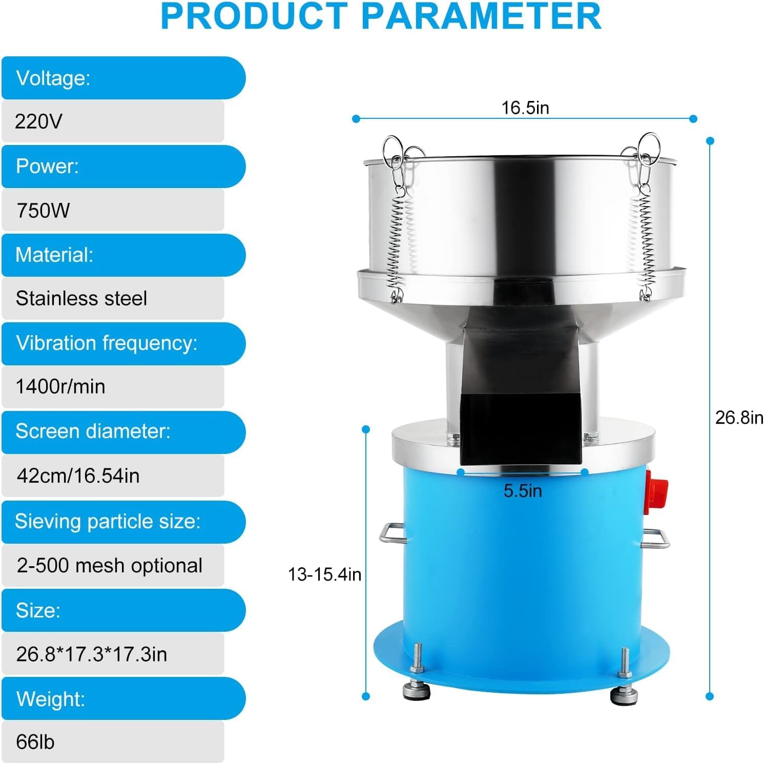 Setaccio Vibrante Elettrico da 750 W, setaccio per polveri in Acciaio Inox da 400 mm per Farina, liquidi, minerali, 220 V con Un setaccio