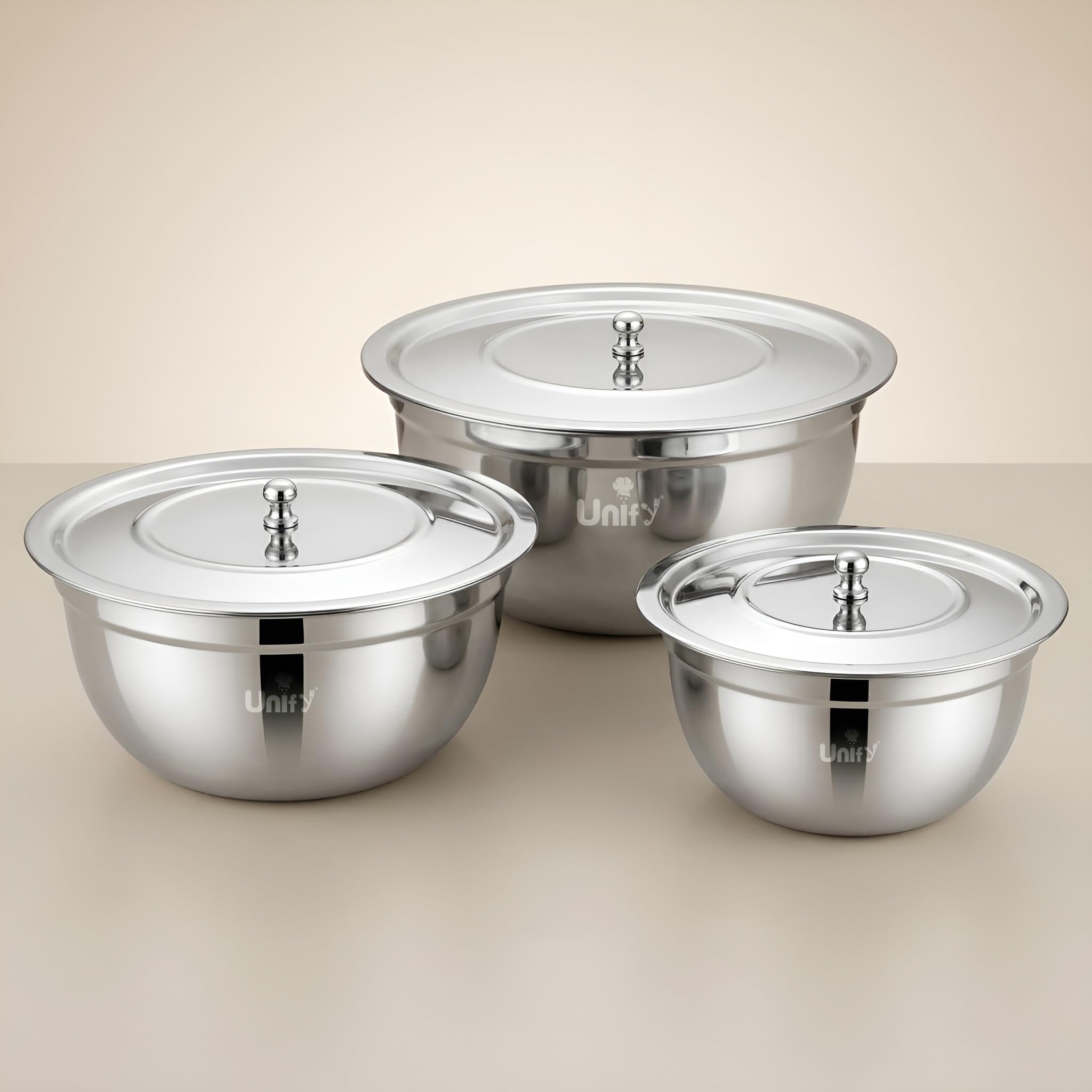 Unify 3 Pieces Stainless Steel Serving Bowl Set with Lid | Steel Serving, Storage & Mixing Bowls | Multipurpose Kitchen Prep Bowl | Mirror Finish Container for Dining & Storage (Silver)-image-27
