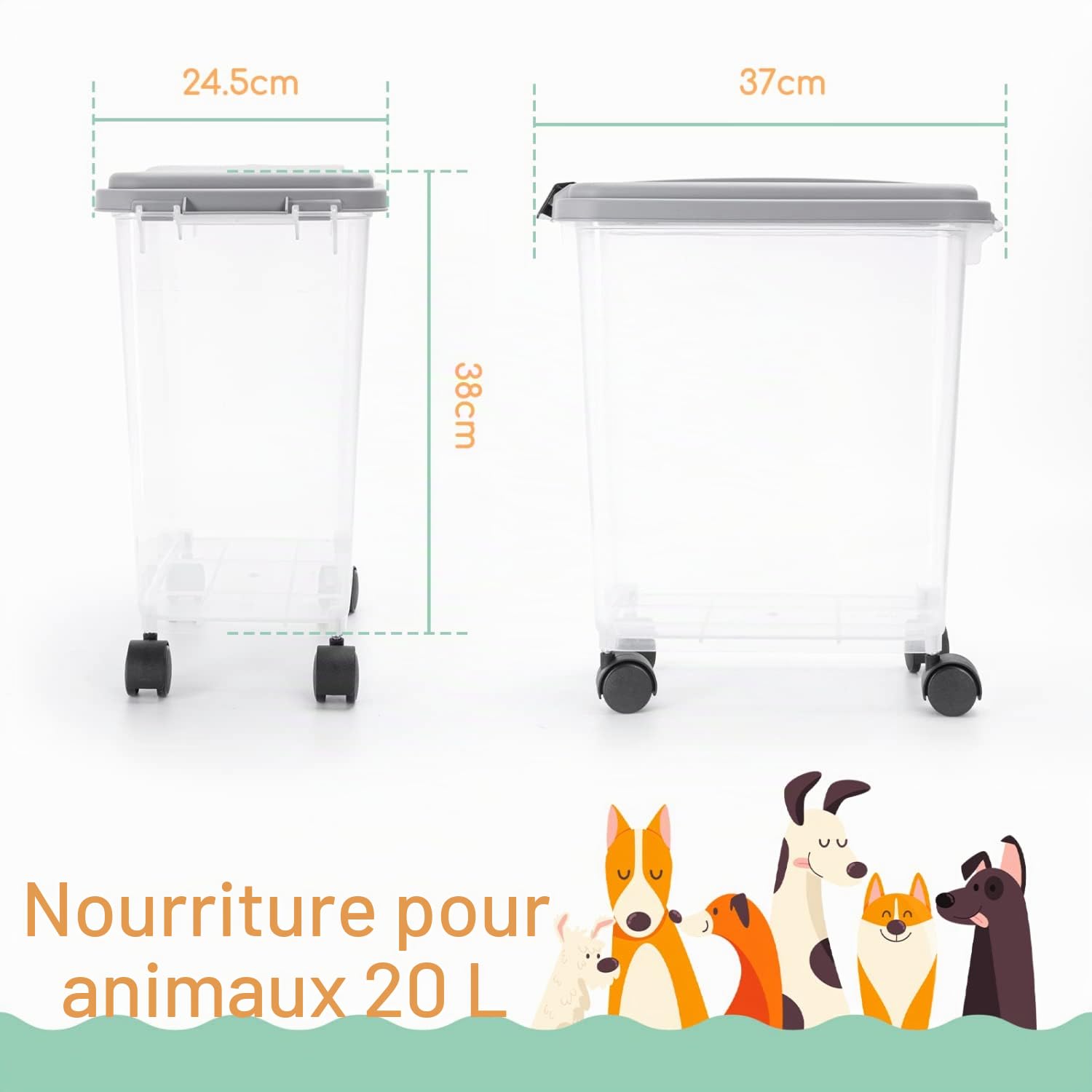 Nobleza - 2 Pièces Conteneur de Nourriture pour Animaux de Compagnie 20 L - Boîte Alimentaire avec Roulettes， Couvercle Rabattable， Hermétique， Roues et Pelle， pour Nourriture pour Chiens et Chats