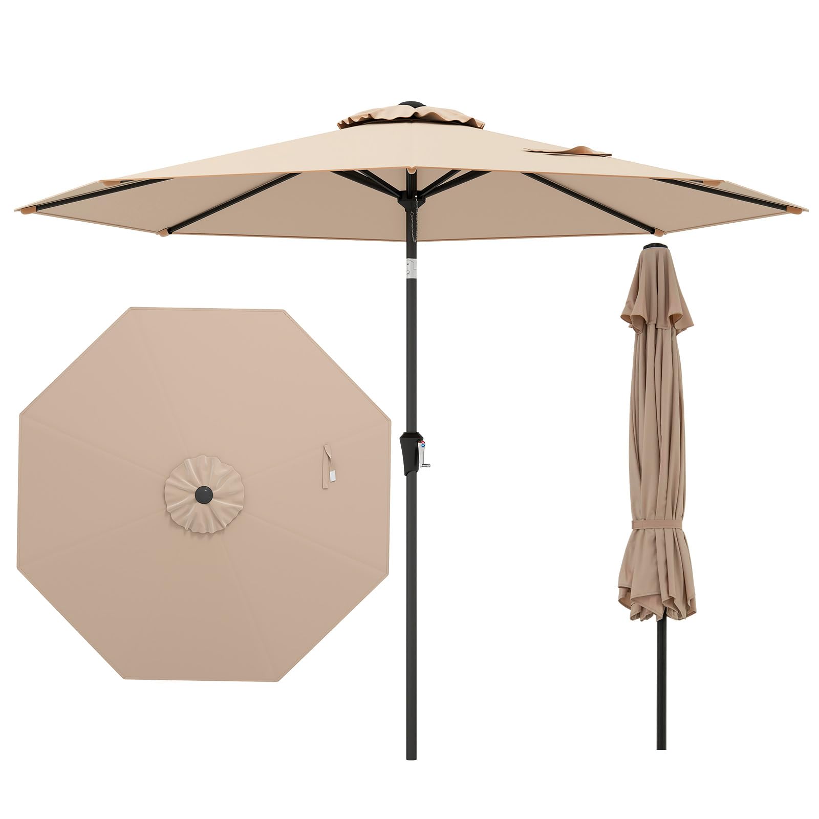COSTWAY Parasol de Jardin Exterieur 270 cm, Parasol Balcon Solaire, 35 ° Inclinaison, Manivelle, Tissu Polyester, Toit Ventilé, Goupille de Sécurité, 8 Baleines, pour Terrasse Piscine Plage (Brun)