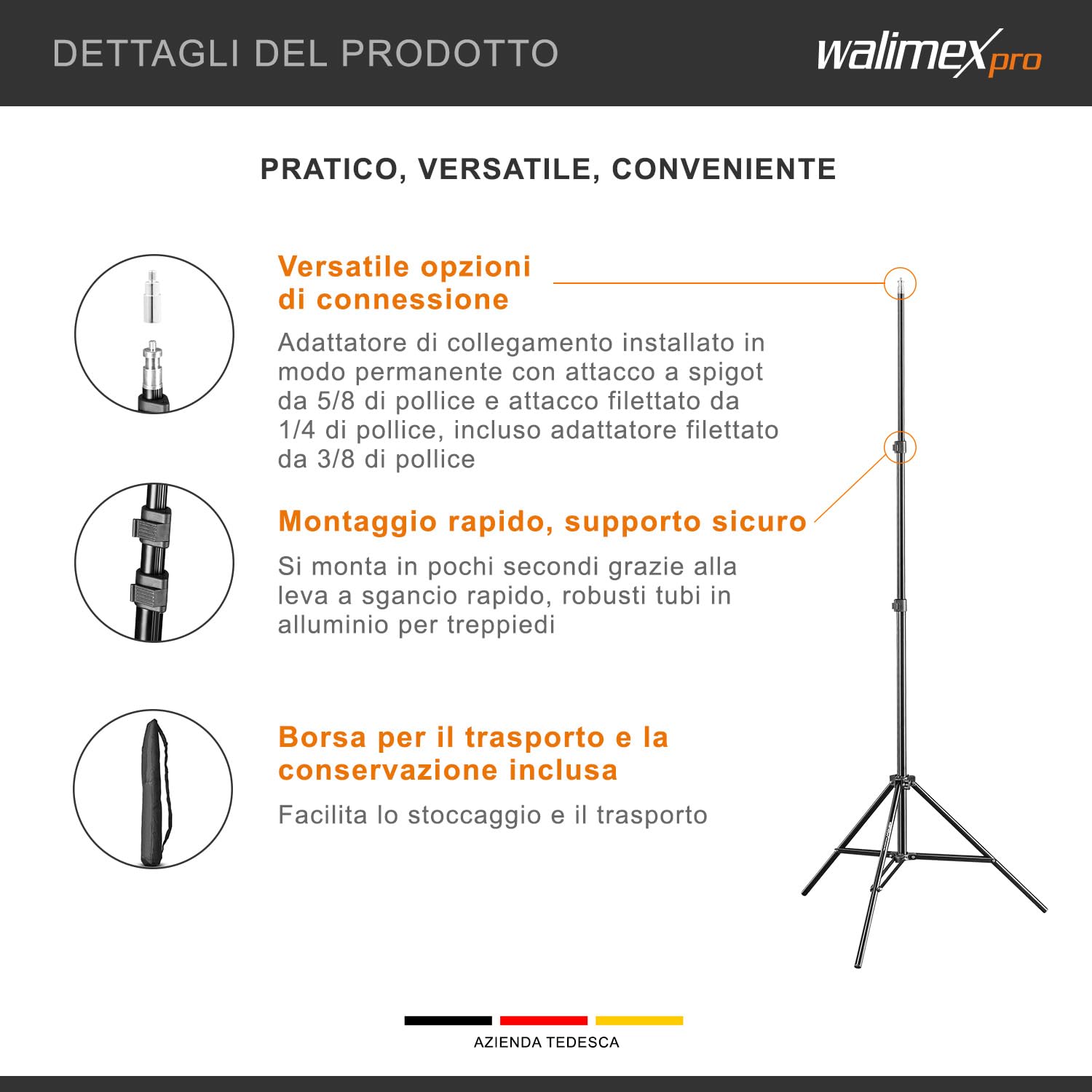 walimex Pro treppiede per lampada WT-803, 200 cm (altezza max. 200 cm, capacità di carico ca. 2,5 kg, borsa per il trasporto)