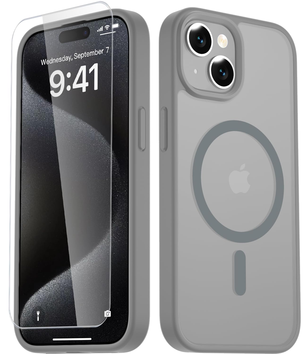 LATVIN for iPhone 15 Case, Magnetic Phone Cover, Compatible with MagSafe, Military Grade Protection, Translucent Matte Frosted Back, Gray