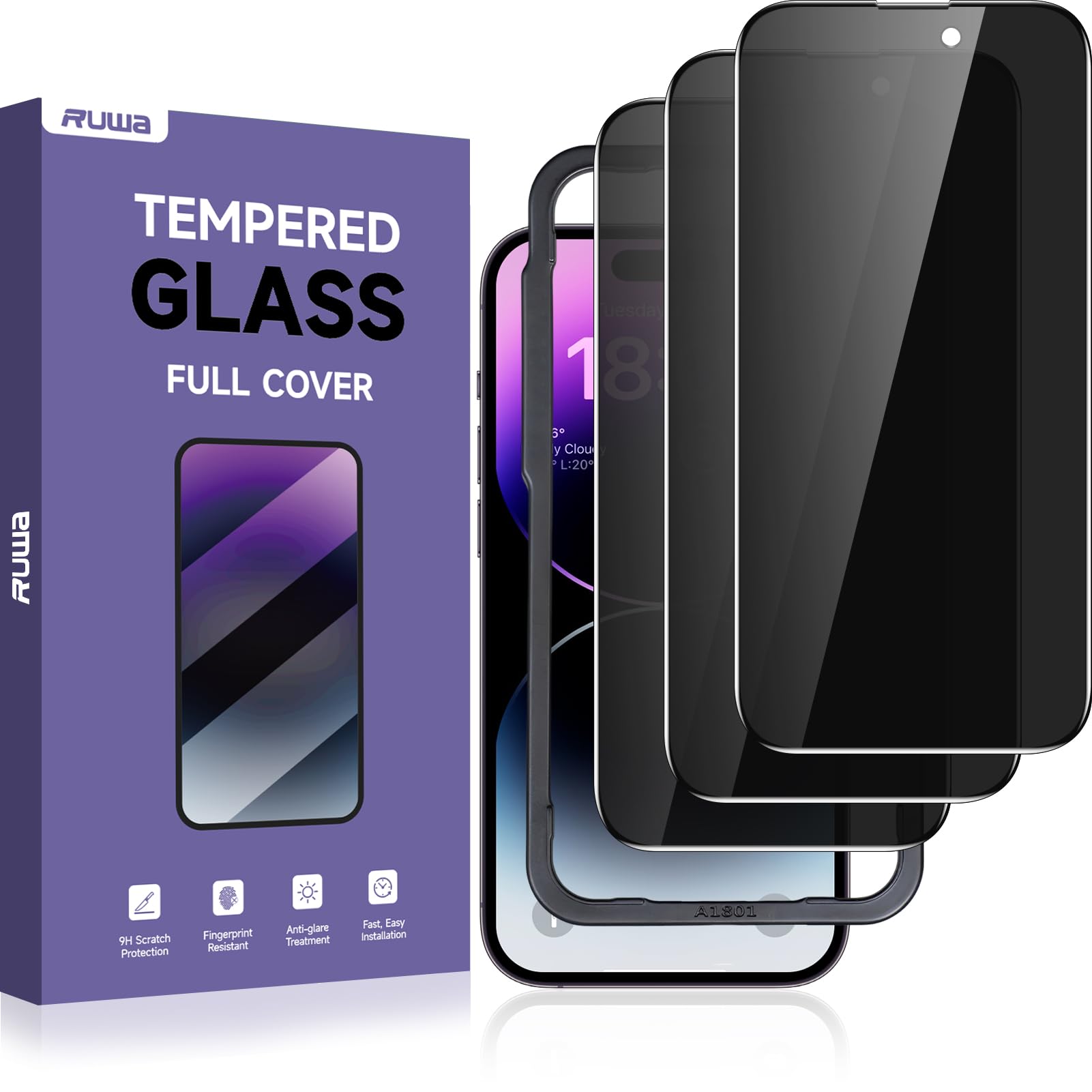 ruwa Privacy Screen Protector for iPhone 14 Pro [3-Pack][6.1 Inch] Anti-Peep Tempered Glass Films with Easy Installation Frame, 9H Hardness, Scratch