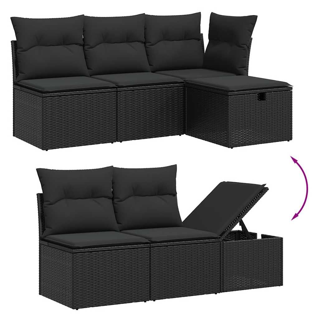 11-TLG. Garten-Sofagarnitur aus Poly Rattan mit Kissen Schwarz, wetterfestes Lounge Möbel Set für Terrasse Balkon, inkl. Tisch aus Akazienholz
