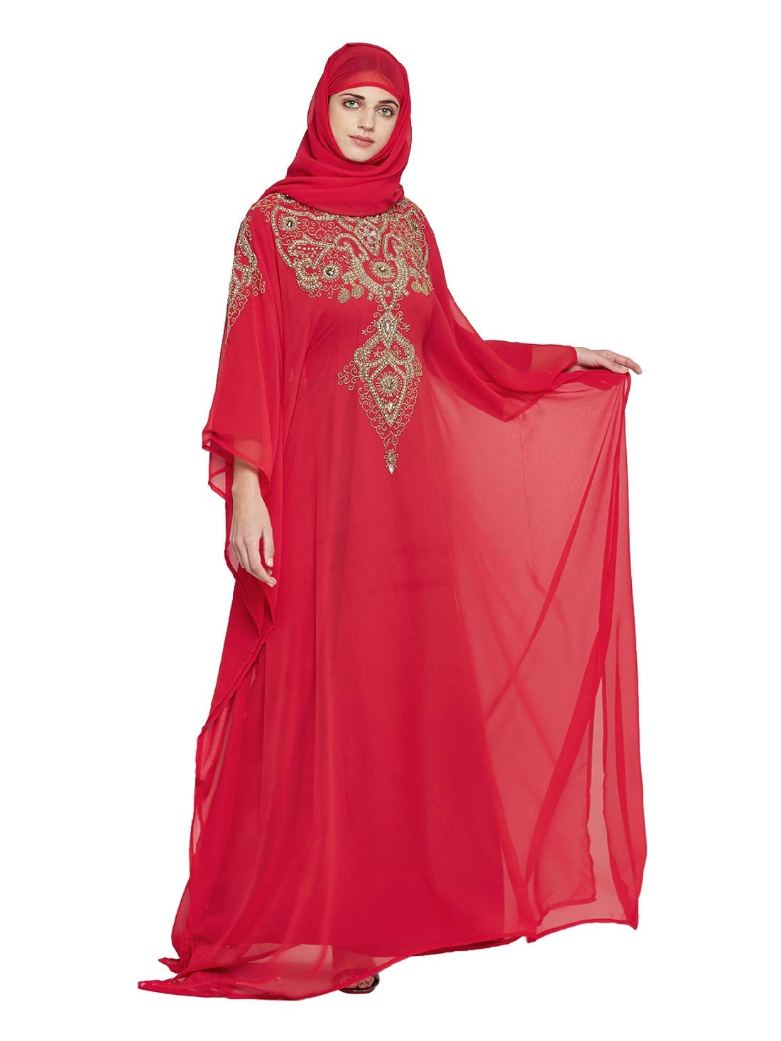 ANIIQ Women Dubai Kaftan Farasha Caftan Long Maxi Dress Long Sleeves Georgette Ethnic, Bridal, Evening, Party, Wedding Dress