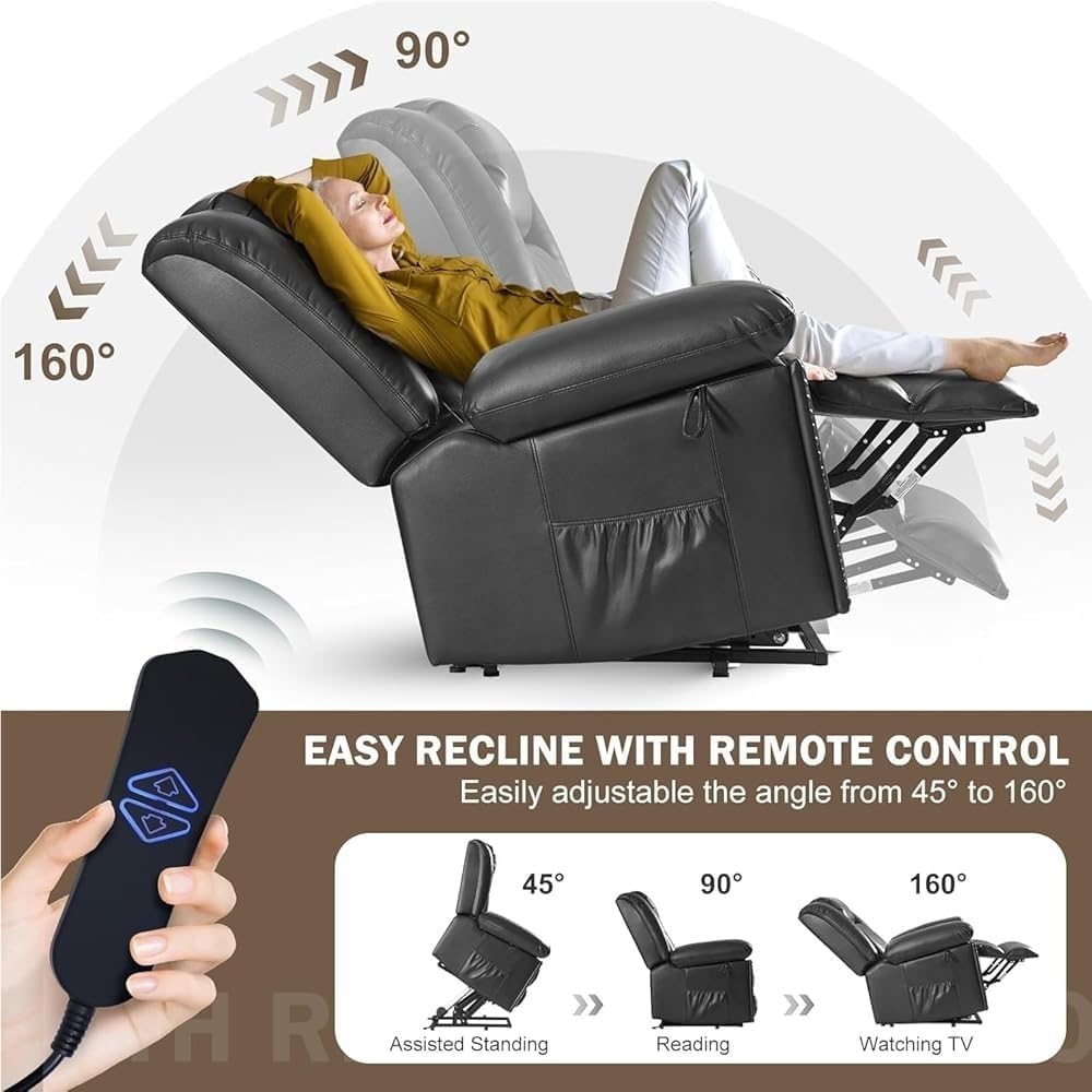 Electric Oversized Lift Recliner Chair with Massage Heat Adjustable Headrest USB Type-C Ports Hidden Cup Holders Side Pocket Comfortable Seating for Elderly