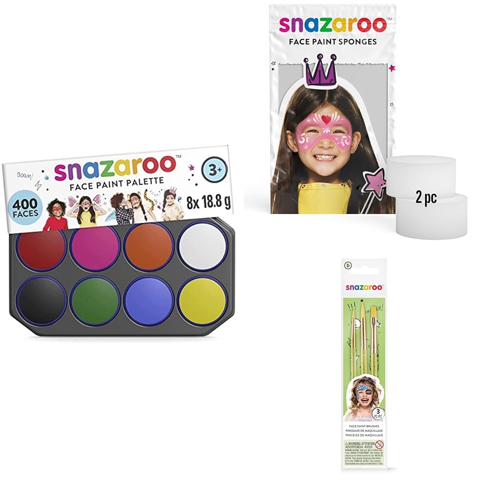SnazarooWater Based Face Paint Palette, 8x18ml + Face Paint Brushes, Set of 3 + High Density Sponges, Set of 2
