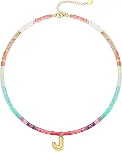 Beaded Initial Necklaces for Women Teen Girl Gifts Trendy Stuff Colorful Gemstone Choker Necklace with Bubble A-Z Stocking Stuffers for Teens Christmas Gifts for Her Birthday Summer Beach Jewelry for Daughter Sister Friend