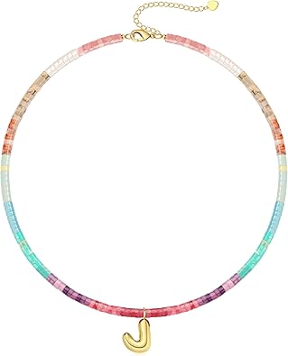 Beaded Initial Necklaces for Women Teen Girl Gifts Trendy Stuff Colorful Gemstone Choker Necklace with Bubble A-Z Stocking Stuffers for Teens Christmas Gifts for Her Birthday Summer Beach Jewelry for Daughter Sister Friend