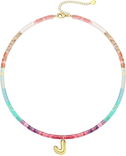 Beaded Initial Necklaces for Women Teen Girl Gifts Trendy Stuff Colorful Gemstone Choker Necklace with Bubble A-Z Stocking Stuffers for Teens Christmas Gifts for Her Birthday Summer Beach Jewelry for Daughter Sister Friend