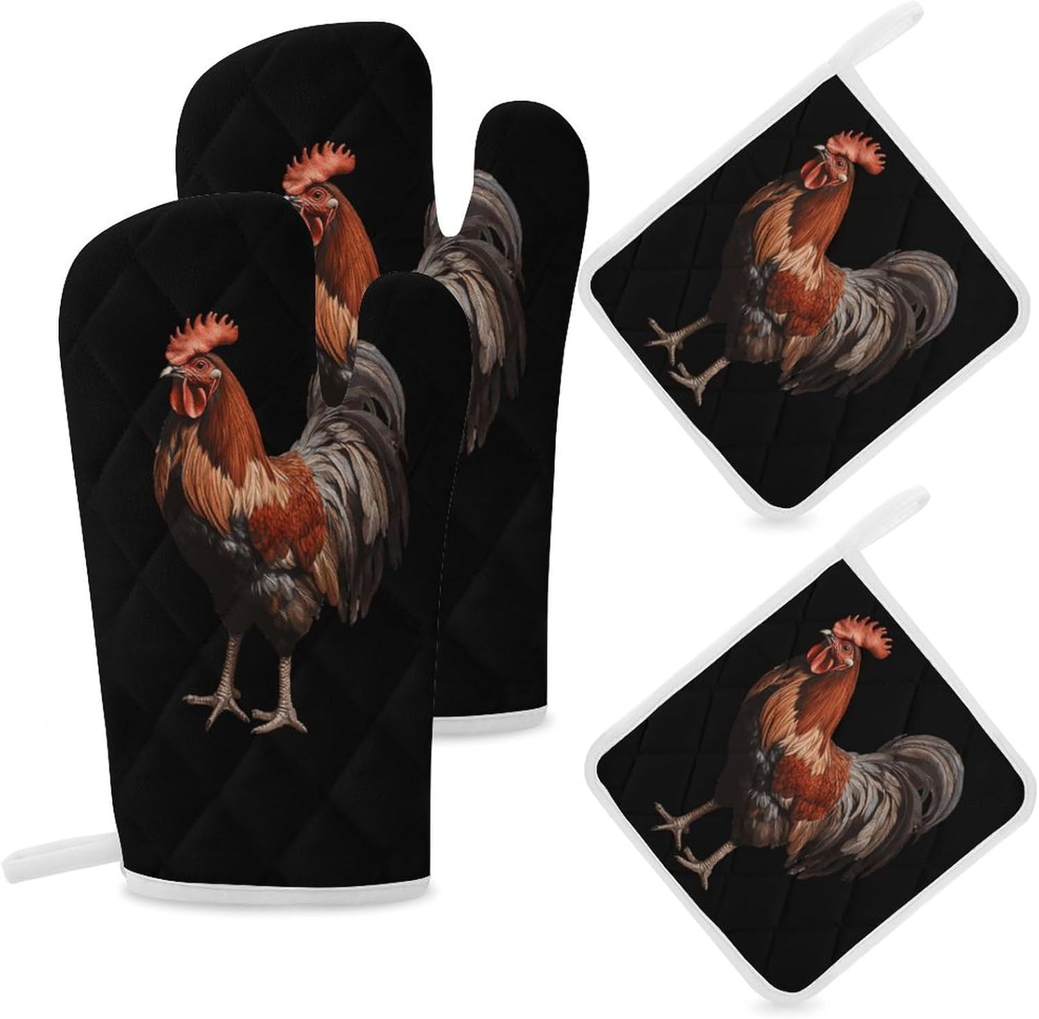 Farm Rooster 4 Pcs Oven Mitts and Pot Holders Set High Heat Resistant Long Kitchen Oven Glove Potholders