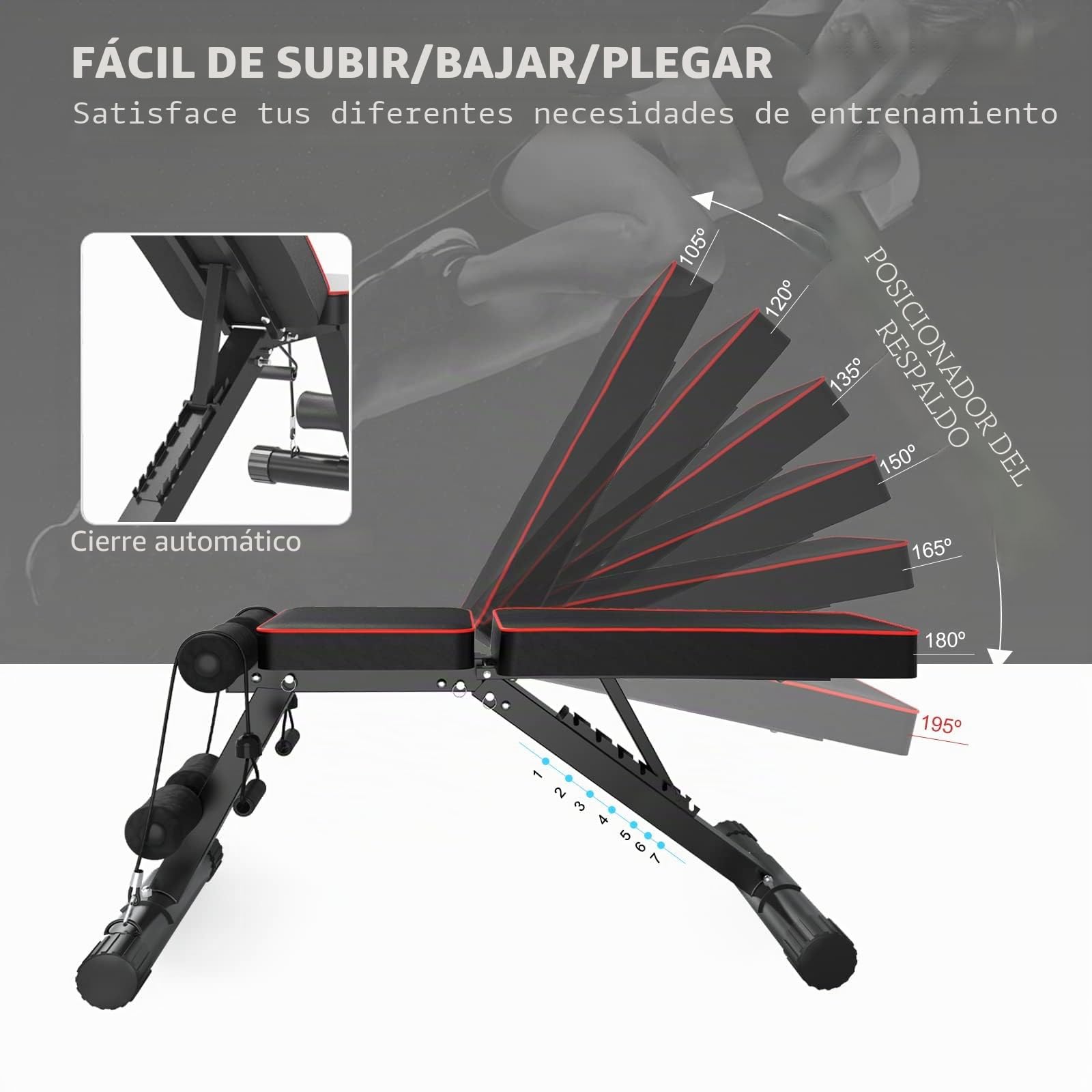 YOLEO Banco de pesas plegable multifunción para entrenamiento, fitness, abdominales, banco inclinado con 6 posiciones, respaldo ajustable, cojín de asiento ajustable en 3 posiciones, carga 300 kg