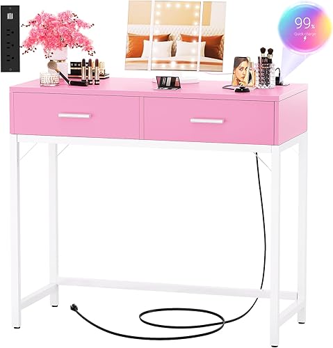 Miniatura 15 de Cyclysio Tocador con Espejo y Luces, Tocador de Maquillaje de 36'' con Toma de Corriente, Juego de Tocadores Pequeños Mesa de Tocador con Cajones