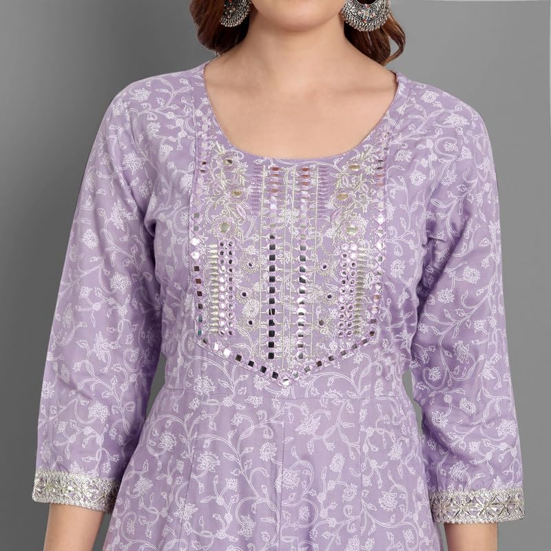 Image of NASRO Women's Viscose Rayon Printed Embroidered Round Neck 3 /4th Sleeves Anarkali Kurta & Pant Suit Set /Salwar Suit Set (Purple)