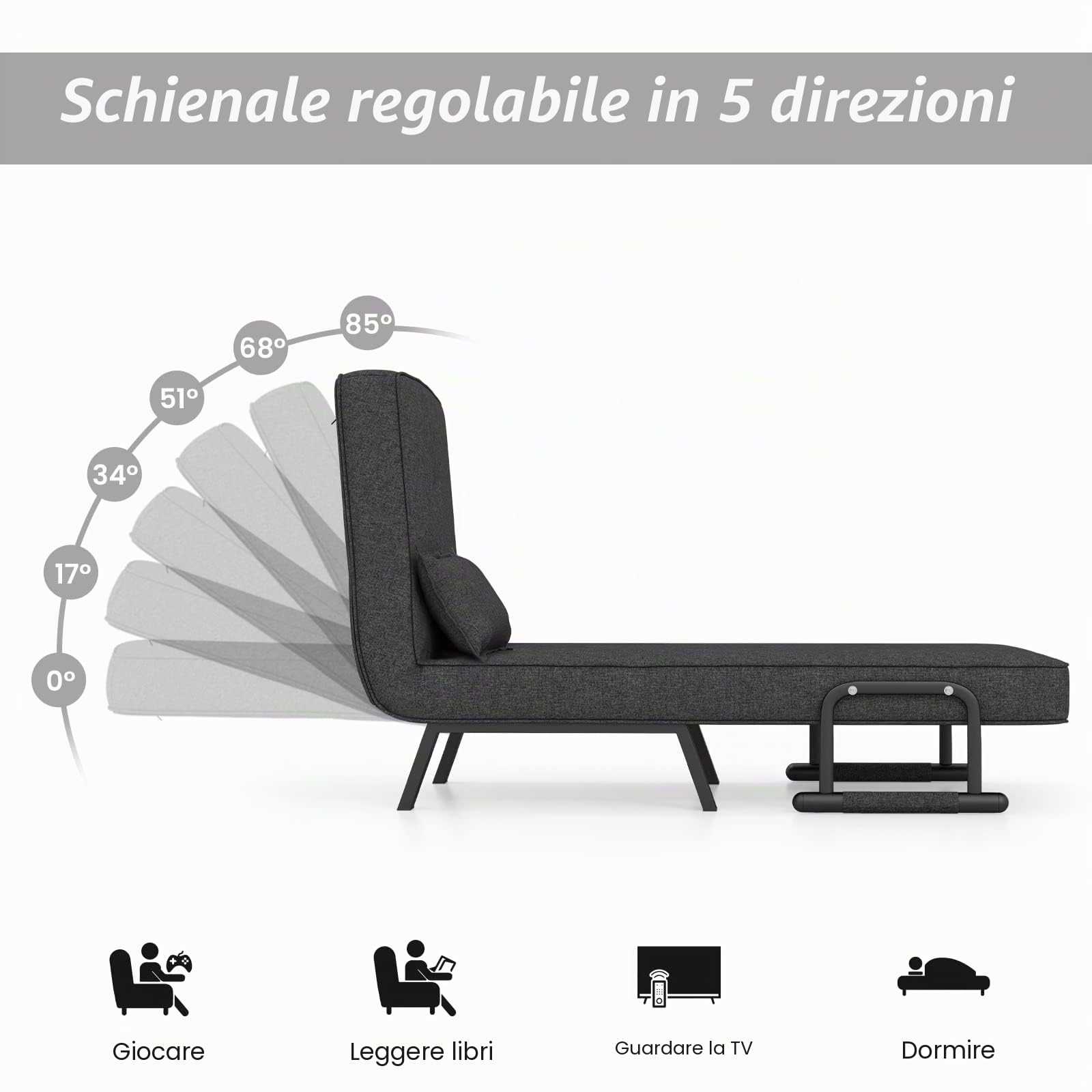 LIFEZEAL Poltrona Letto, Divano Letto, Divanetto Singolo, Schienale Regolabile, Imbottito in Spugna, Telaio in Acciaio, con Materasso, Cuscino, Braccioli, Relax, Soggiorno, Ufficio, Max150 kg, Grigio