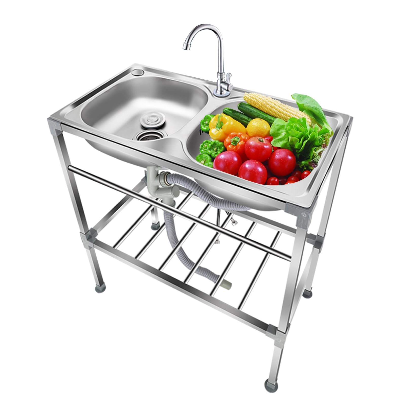 TAXXII Freestanding Stainless Steel Utility Sink with Faucet & Storage Shelf - Portable Commercial for Garage, Basement, Outdoor Use (75x40x83cm)