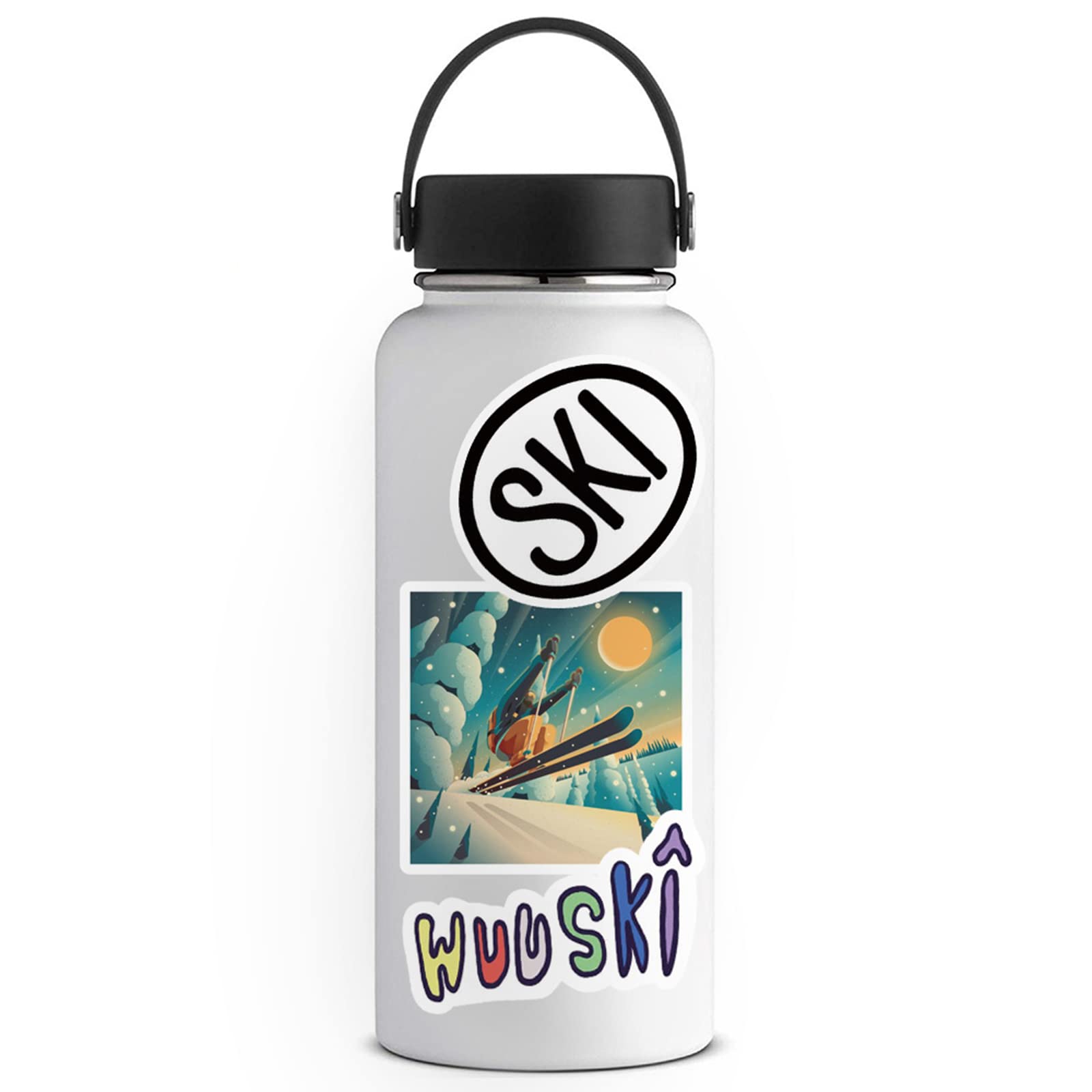 Winter Skiing Stickers Pack - 50 Colorful Ski Cartoon Stickers for Flasks, Laptops, Water Bottles, Cute Aesthetic Vinyl Waterproof Graffiti Decals for Kids, Teen Girls, Adults