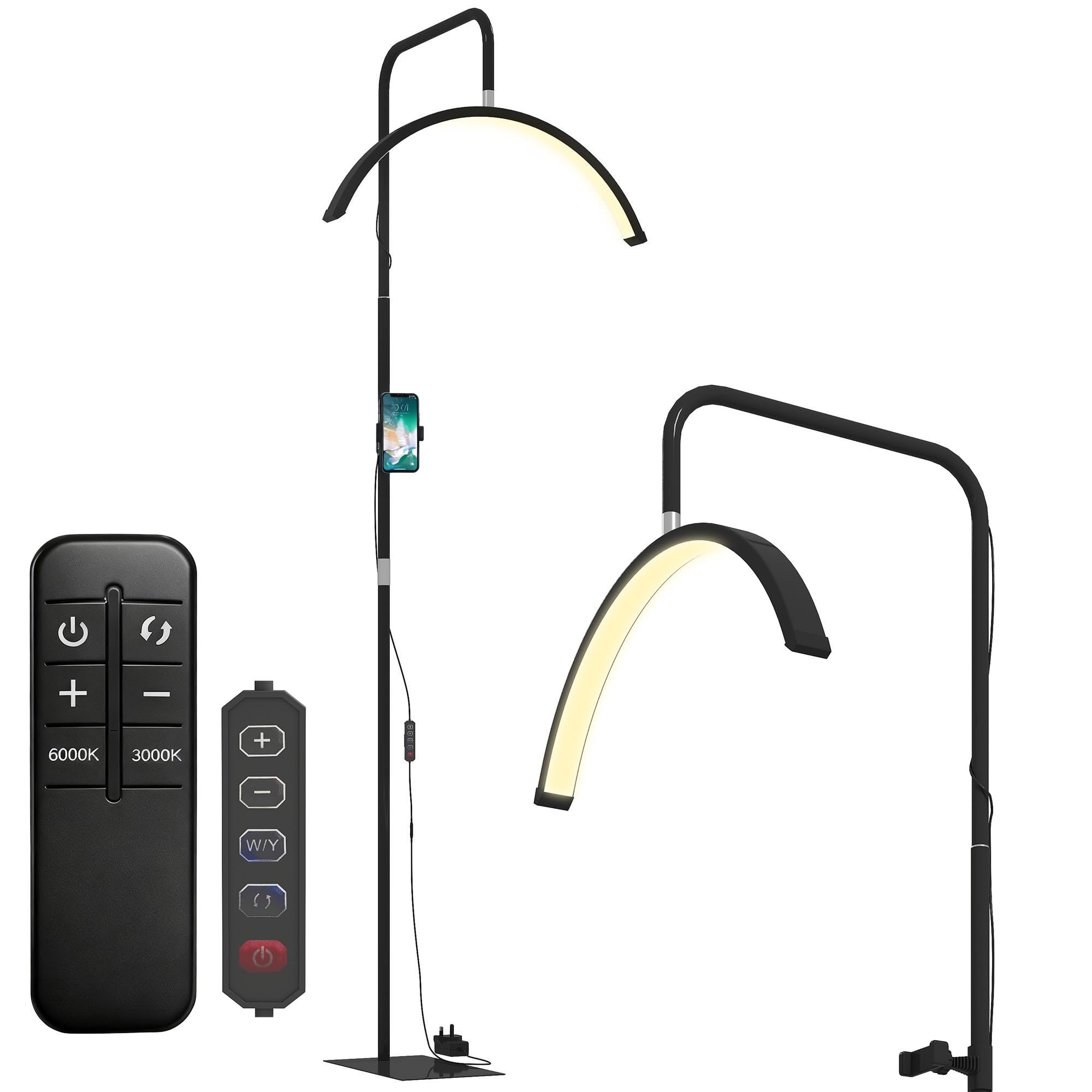 HOMCOM Lámpara Pestañas Media Luna, Lámpara de Pie con Cabeza Giratoria 350°, 7 Temperaturas de Color, Brillo Ajustable, Soporte para Teléfono, Control Remoto, para Uñas, Cuidado de Piel, Tatuajes