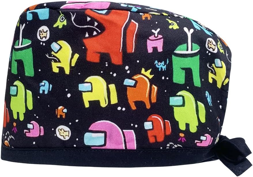 niaahinn Breathable Surgical Caps Cartoon Printing Scrub Hat with Tieback Medical Working Hat for Women & Men