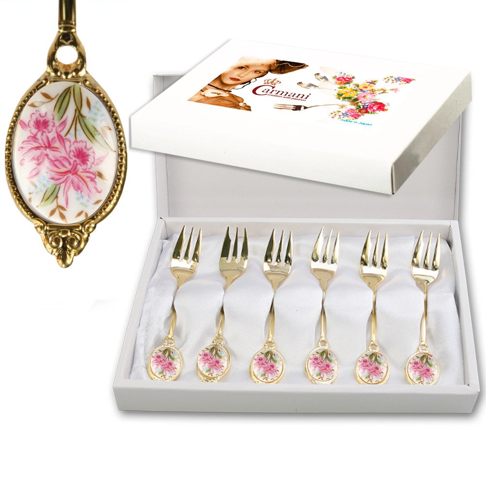 CARMANI - Lot de 6 Fourchette a dessert décoré avec des fleurs dans une boîte cadeau