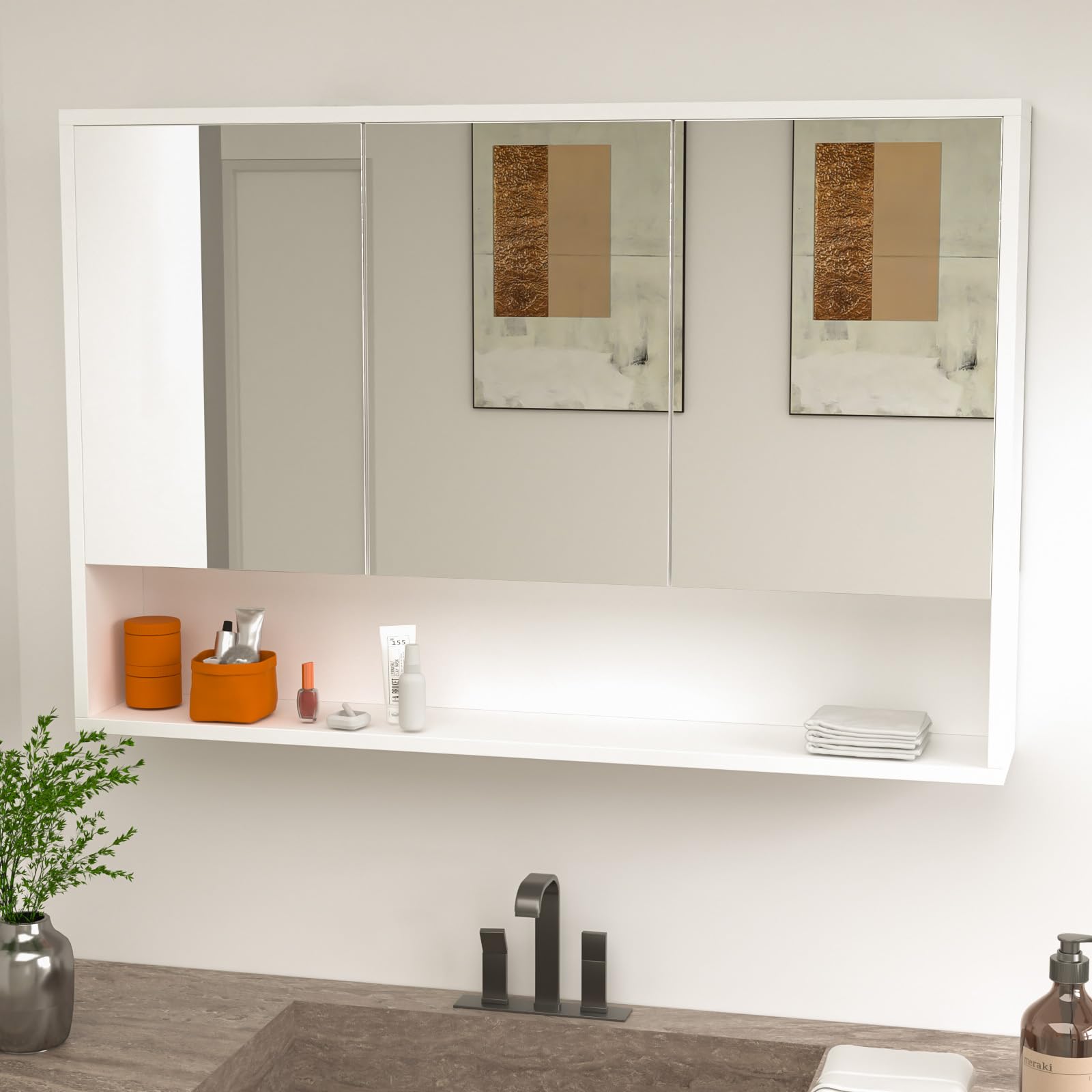 Msutree 3 Door Bathroom Mirror Cabinet, Wall Mounted Bathroom Storage Cupboard Large Mirror ...