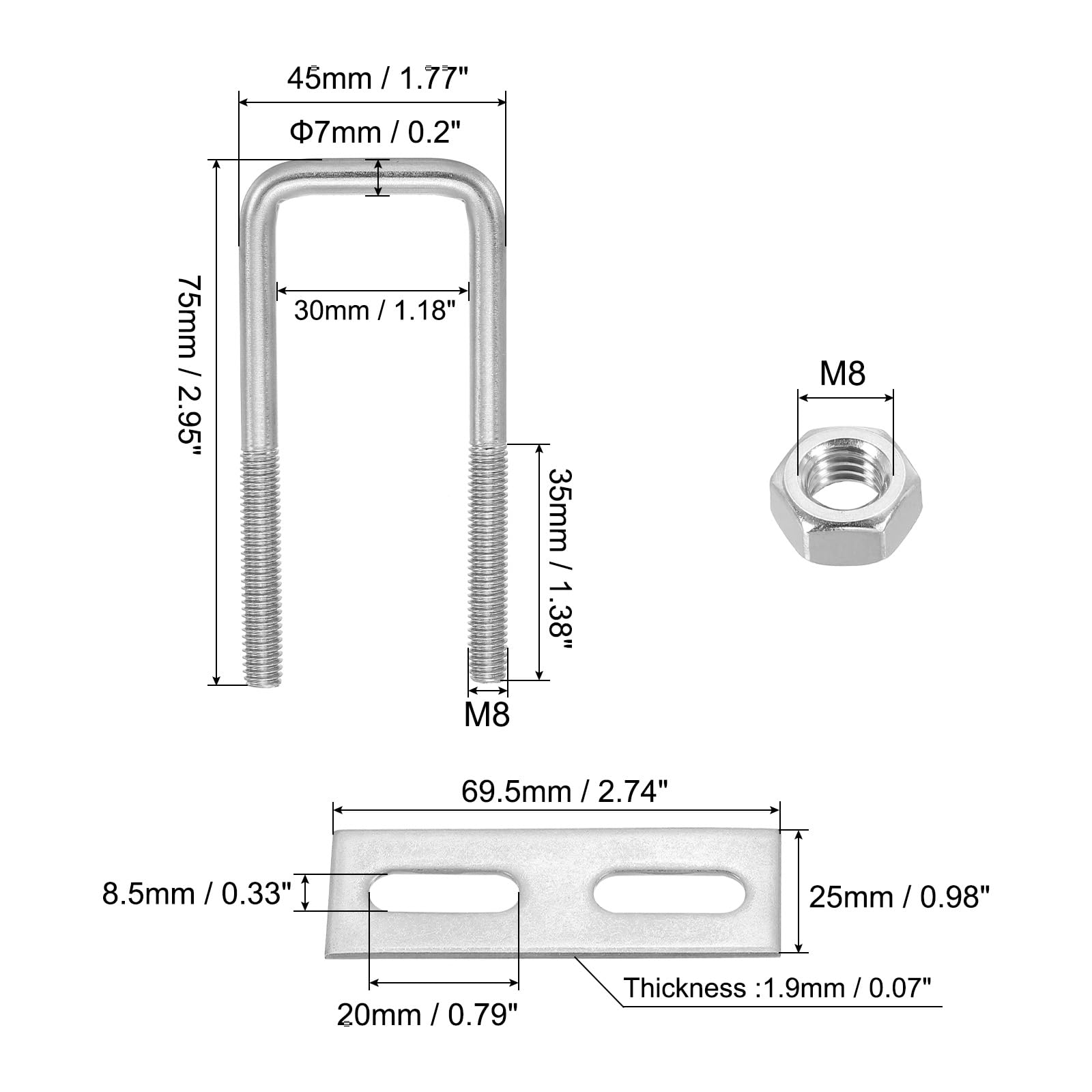 PATIKIL M8x30x75mm Square U-Bolts Kit - Image 2
