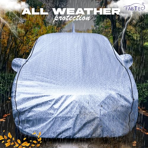 Image of FABTEC Metallic Silver Waterproof Car Body Cover for Maruti Baleno New (2022-25) Sun, UV and Dust Protection with Mirror and Antenna Pocket (Reflective Silver with Black Piping)