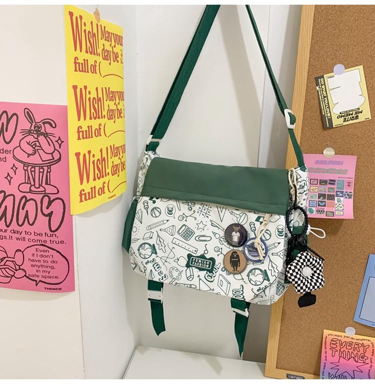 Image of Aesthetic Crossbody Bag with Cute Pins and Ornament, Nylon Shoulder Messenger Bag Japanese Kawaii Bag for Women Men