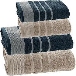 Jogo de Toalhas Banho E Rosto, 4 Pe�as, Algod�o, Fio Penteado, Corttex, Treviso, Ultra Macia, 450g/m�, Barra Decorativa, Altihaus (Bege/Marinho)